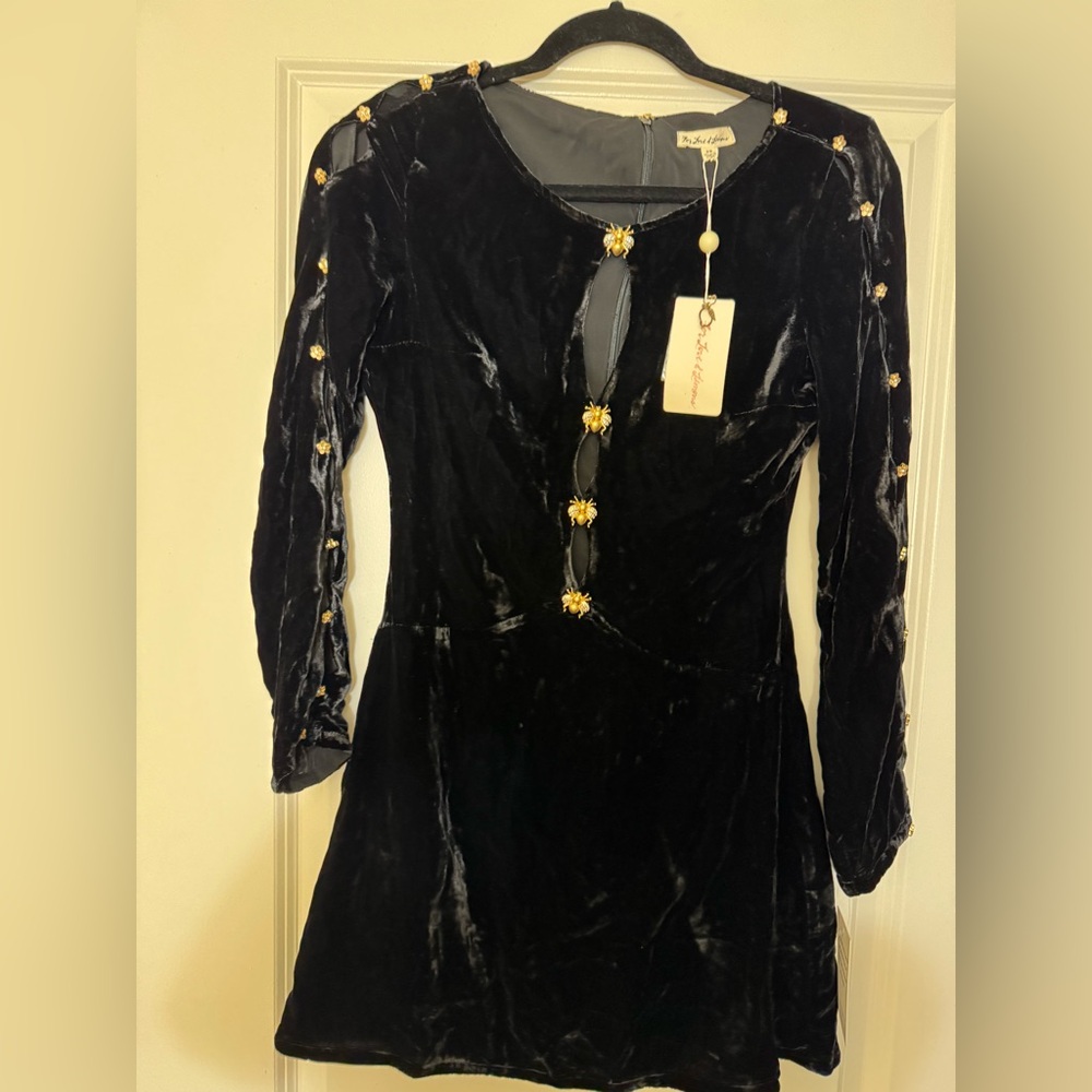 For Love And Lemons Black Velvet Dress with Yellow Floral Details